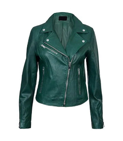 Womens Classic Green Biker Leather Jacket View 1