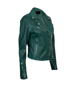 Womens Classic Green Biker Leather Jacket View 3