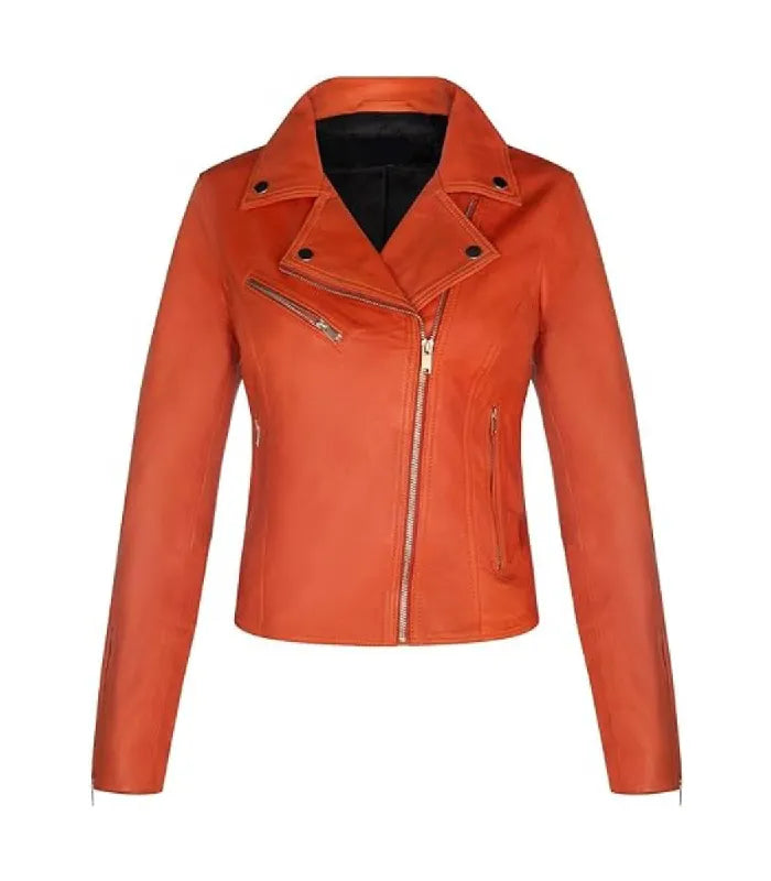 Womens Classic Orange Biker Leather Jacket