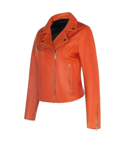 Womens Classic Orange Biker Leather Jacket View 3