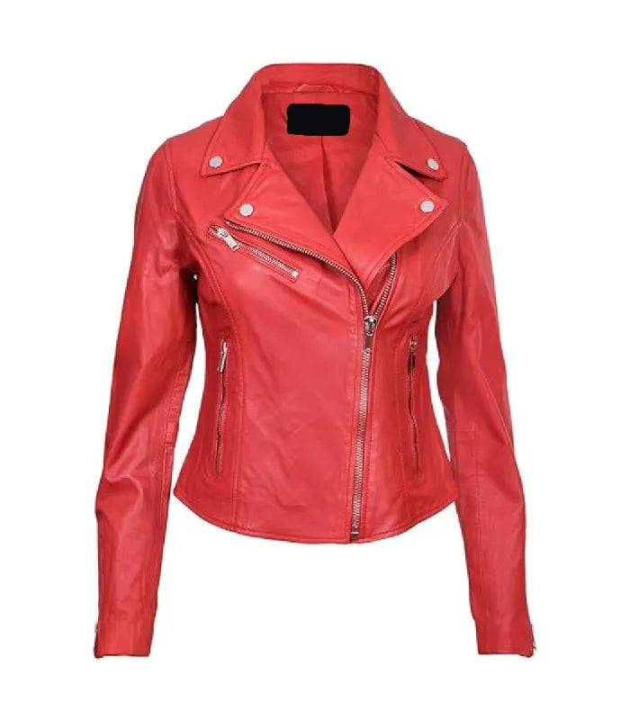 Womens Classic Red Leather Biker Jacket