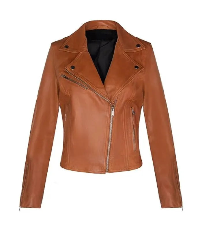 Womens Classic Tan Biker Leather Jacket