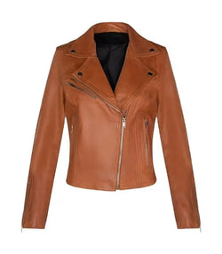 Womens Classic Tan Biker Leather Jacket View 1