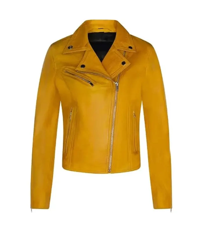 Womens Classic Yellow Biker Leather Jacket