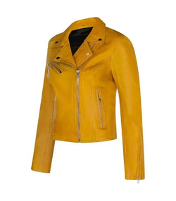 Womens Classic Yellow Biker Leather Jacket View 3