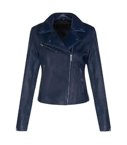 Womens Dark Blue Biker Leather Jacket View 1