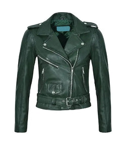 Emerald Green Leather Biker Jacket View 1