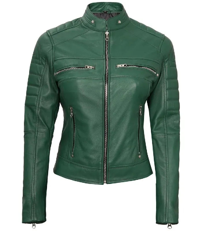 Women Cafe Racer Green Leather Jacket