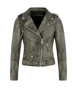 Grey Suede Leather Biker Jacket View 1