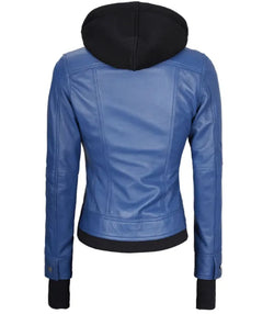 Womens Blue Hooded Leather Bomber Jacket View 4