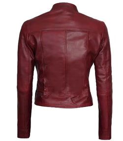 Womens Maroon Leather Cafe Racer Jacket View 2