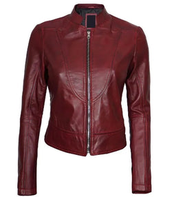 Womens Maroon Leather Cafe Racer Jacket View 1