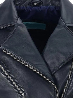 Womens Navy Leather Biker Jacket View 4
