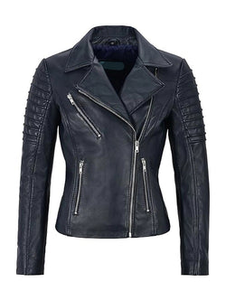 Womens Navy Leather Biker Jacket View 1