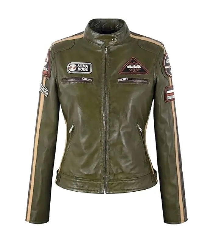 Womens Olive Classic Leather Moto Jacket