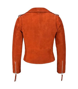 Orange Suede Leather Biker Jacket View 2