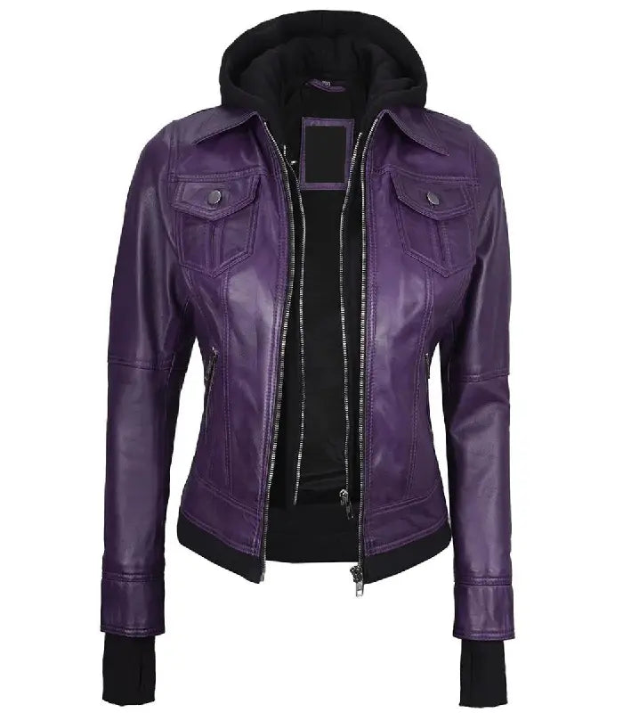 Plum Purple Hooded Leather Bomber Jacket