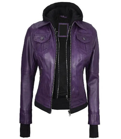 Plum Purple Hooded Leather Bomber Jacket View 1