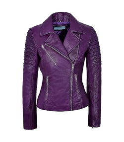 Womens Purple Leather Biker Jacket View 1