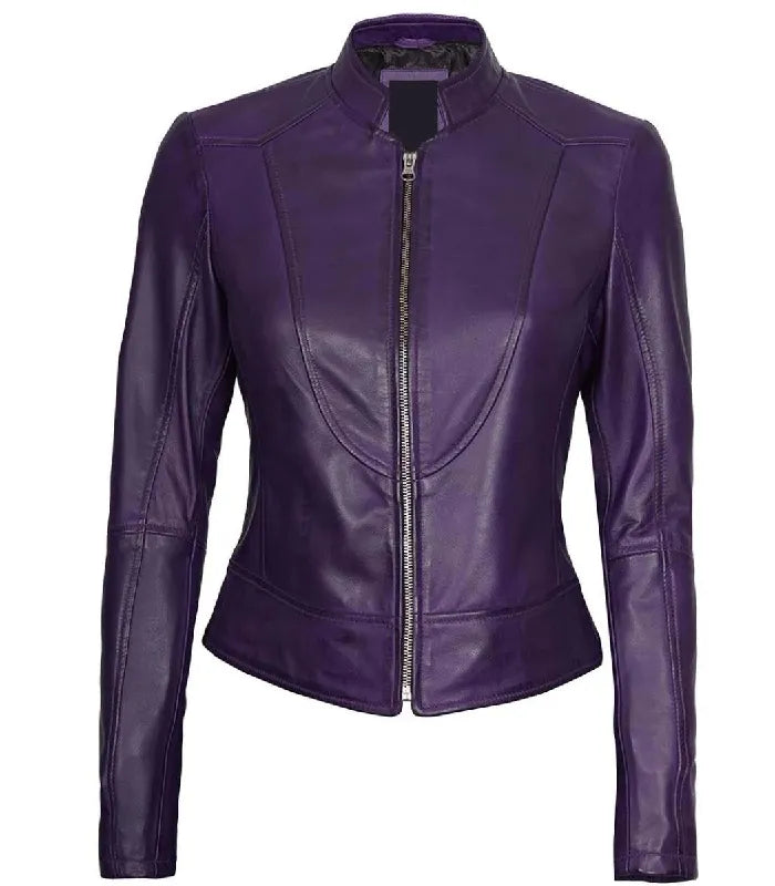Womens Purple Leather Cafe Racer Jacket