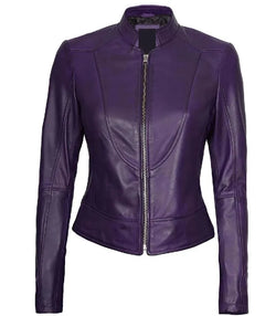 Womens Purple Leather Cafe Racer Jacket View 1