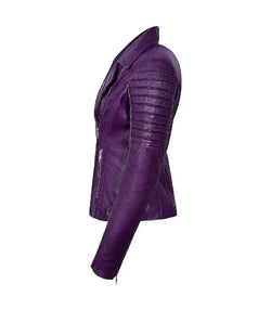 Womens Purple Leather Biker Jacket View 4