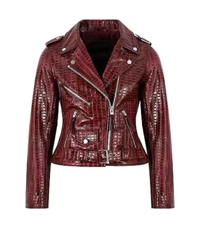 Red Crocodile-Embossed Leather Biker Jacket