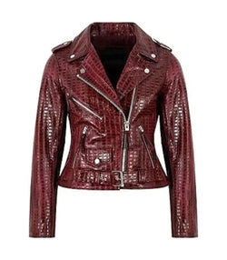 Red Crocodile-Embossed Leather Biker Jacket View 1