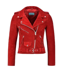 Red Suede Leather Biker Jacket View 1