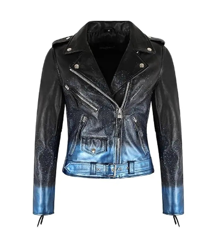 Starlight Blue Sparkle Leather Biker Jacket