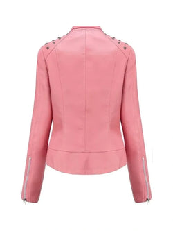 Womens Studded Pink Leather Jacket View 2