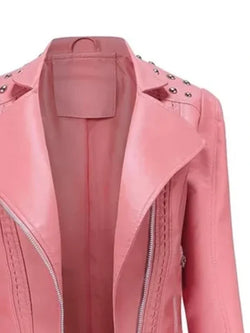 Womens Studded Pink Leather Jacket View 3