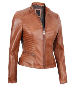 Womens Cafe Racer Tan Leather Jacket View 3