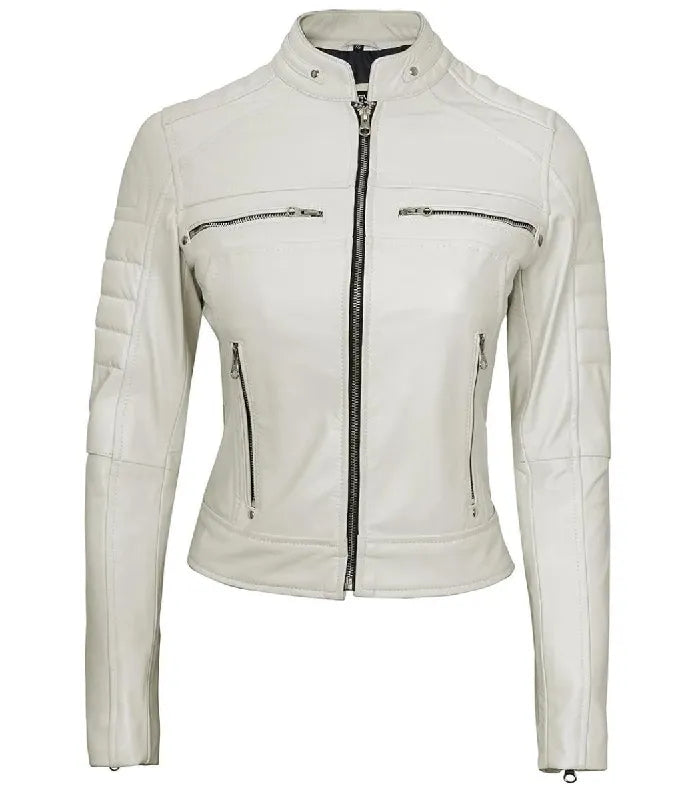 Women Cafe Racer White Leather Jacket