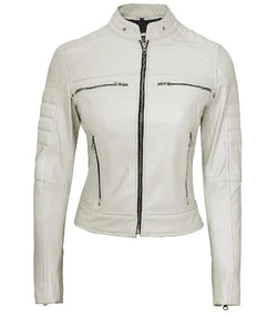 Women Cafe Racer White Leather Jacket View 1