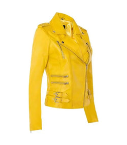 Womens Yellow Classic Moto Jacket View 2